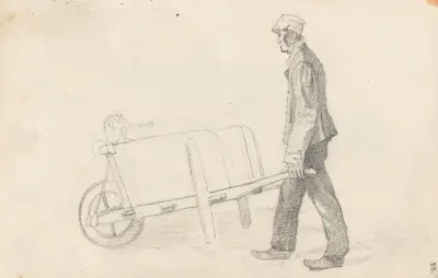Mann med et trillebår og en ape av Adolph Tidemand