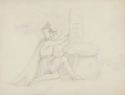 Mann med hjelm, knelende ved bautasten av Adolph Tidemand