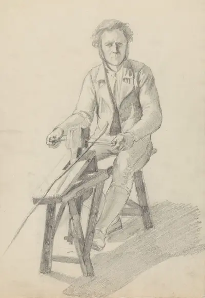 Mann sittende på sagbenk av Adolph Tidemand