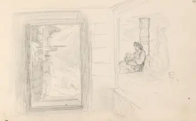 Mannsfigur i døråpning; kvinne med barn av Adolph Tidemand