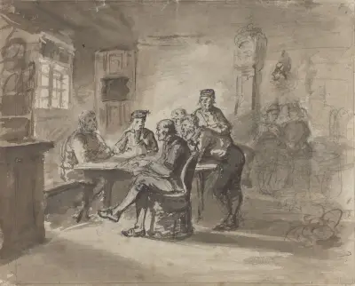 Menn i samtale rundt bord i bondestue av Adolph Tidemand