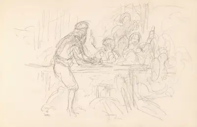 Riss av figurscene av Adolph Tidemand