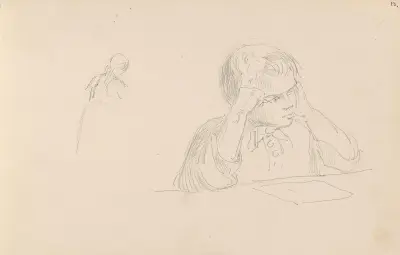 Riss av kvinnefigur; lesende gutt av Adolph Tidemand