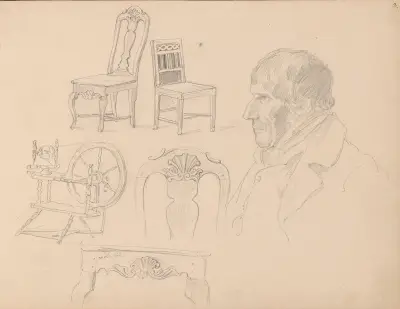 Rokk; stoler; bord; Christen Jacobsen, Nevlunghavn av Adolph Tidemand