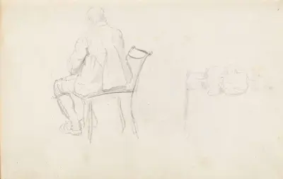 Ryggvendt barn; ryggvendt sittende mann av Adolph Tidemand