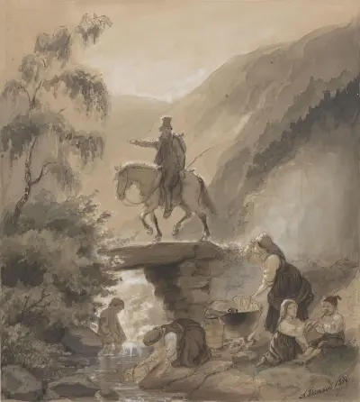 Rytter, kvinner og barn ved bekk von Adolph Tidemand