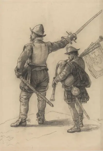 Scottish Warrior and Bagpiper av Adolph Tidemand