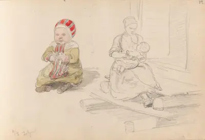 Sittende barn; mor som ammer sitt barn, Leksand av Adolph Tidemand