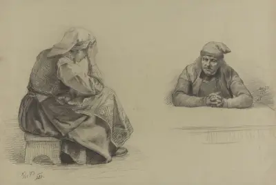 Sittende bondekone og bonde med topplue av Adolph Tidemand