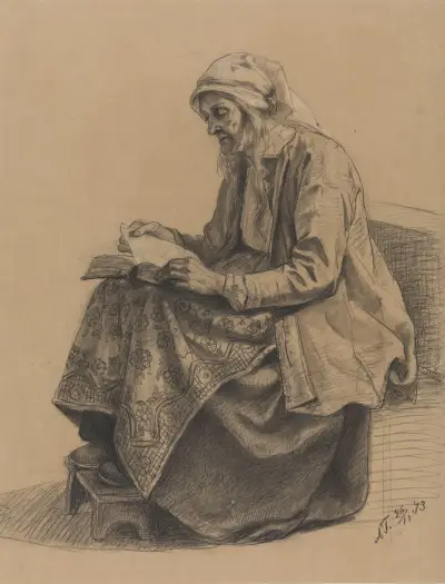 Sittende gammel kone av Adolph Tidemand