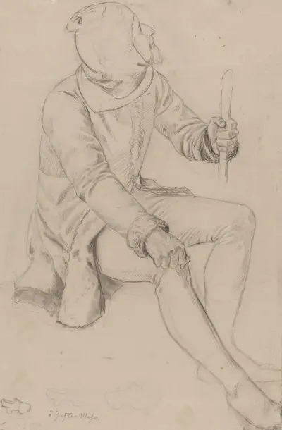 Sitting man with hood and staff av Adolph Tidemand