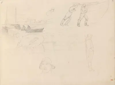 Sjøsetting i Nevlunghavn; sjømenn av Adolph Tidemand