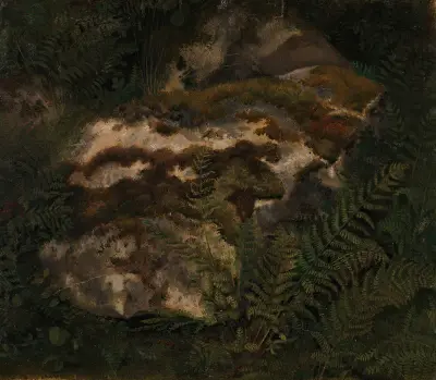 Study of an Moss-covered Stone and Ferns av Adolph Tidemand