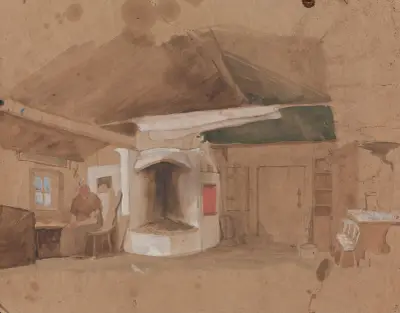 Stueinteriør med sittende kvinne av Adolph Tidemand