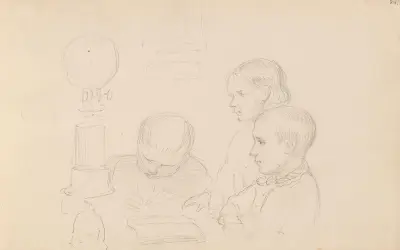 Three children by a kerosene lamp av Adolph Tidemand