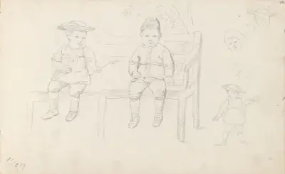 To guttebarn på en benk; barnestudier av Adolph Tidemand
