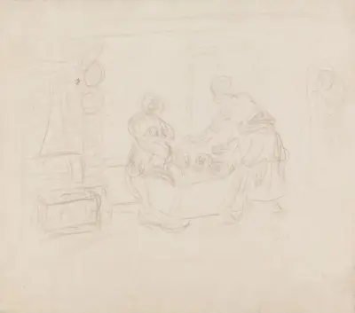 To kvinner ved vugge av Adolph Tidemand