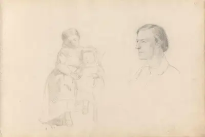 Two children; male portrait av Adolph Tidemand