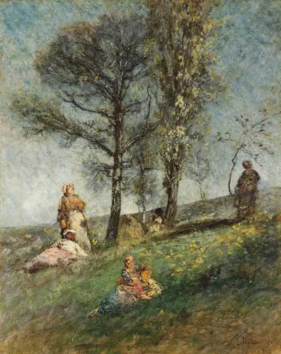 En ung familj under träd på en kulle av Adolphe Monticelli