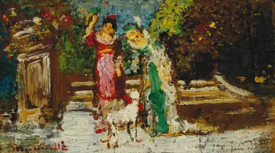 Två kvinnor och en hund av Adolphe Monticelli