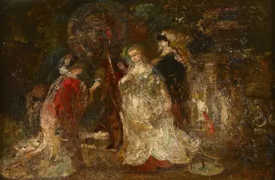 Trois femmes et leur page dans un parc av Adolphe Monticelli