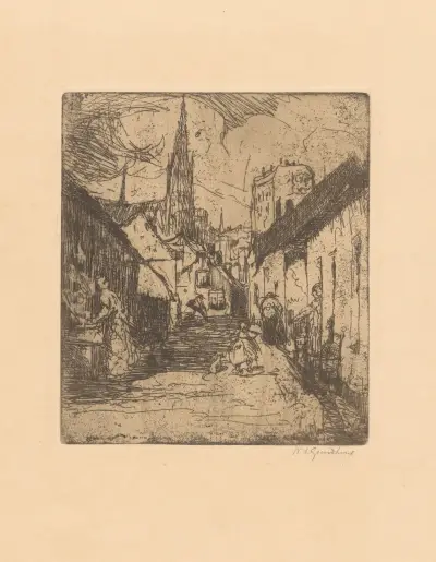 Figuren op straat in een Belgisch dorp av Willem Adrianus Grondhout