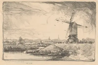 Landskap med väderkvarn nära Leiden av Willem Adrianus Grondhout
