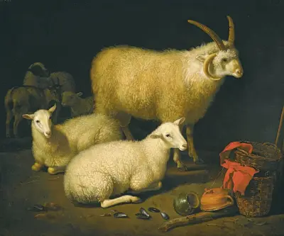 A barn interior with a four-horned ram and four ewes, and a goat, with a still life of a basket and upturned pots to the right av Aelbert Cuyp