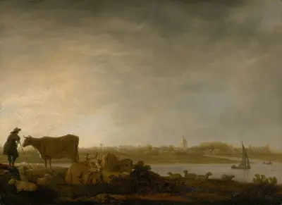 A View of Vianen with a Herdsman and Cattle by a River av Aelbert Cuyp