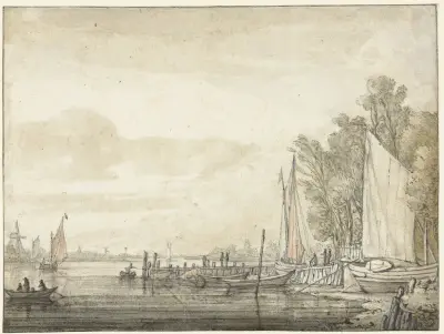 Boten bij een steiger in een rivier av Aelbert Cuyp
