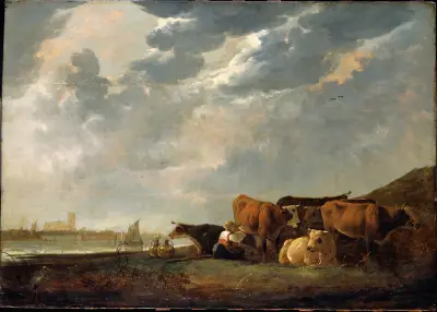 Cattle near the Maas, with Dordrecht in the distance av Aelbert Cuyp