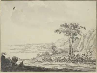 Gebirgslandschaft am Meer, links ein sitzender Mann bei einem Esel av Aelbert Cuyp