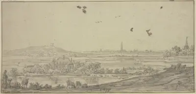 In der Ferne eine Stadt, links ein Haus im Wasser, vorne ein Schafhirte av Aelbert Cuyp