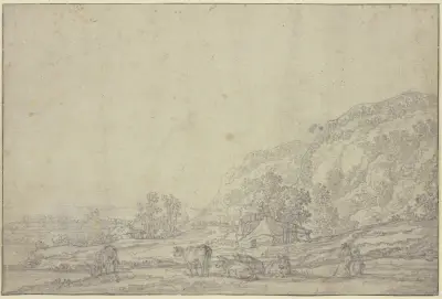 Landschaft mit zwei Hütten, rechts hohe Berge, vorne fünf Kühe av Aelbert Cuyp