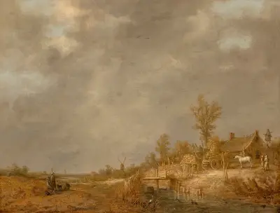 River landscape with travellers, a horse and cart next to a barn and windmills in the distance av Aelbert Cuyp