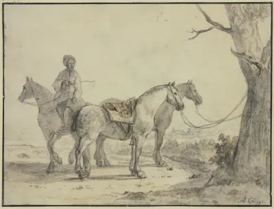 Zwei gesattelte Pferde an einen Baum gebunden, dabei ein Reiter av Aelbert Cuyp