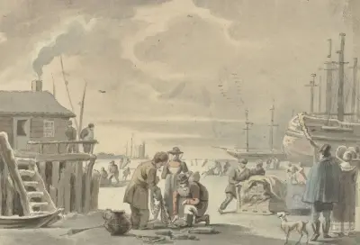 Gezicht op de bevroren Merwede bij Moerdijk av Aert Schouman