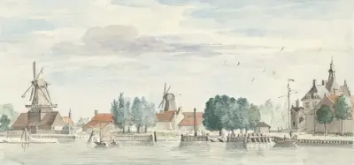 Gezicht op Dordrecht met de Rietdijkspoort en windmolens av Aert Schouman