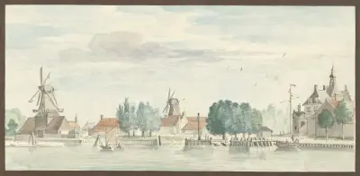 Vy över Dordrecht med Rietdijkspoort och väderkvarnar av Aert Schouman