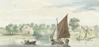 Zeilend schip op de Beneden Merwede bij de Papendrechtse dijk av Aert Schouman