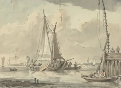 Segelfartyg på floden vid Dordrecht av Aert Schouman