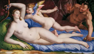 Venus, Cupid And Satyr av Agnolo Bronzino