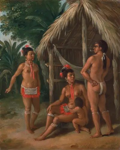 A Leeward Islands Carib Family Outside A Hut av Agostino Brunias