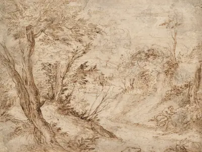 A wooded landscape with a figure resting beside a road and a river in the background av Agostino Carracci