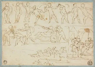Frieze of Putti, Sketch of Lot and His Daughters, Sketch of Buildings av Agostino Carracci