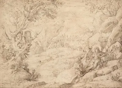 Landscape with The Temptation of Christ av Agostino Carracci