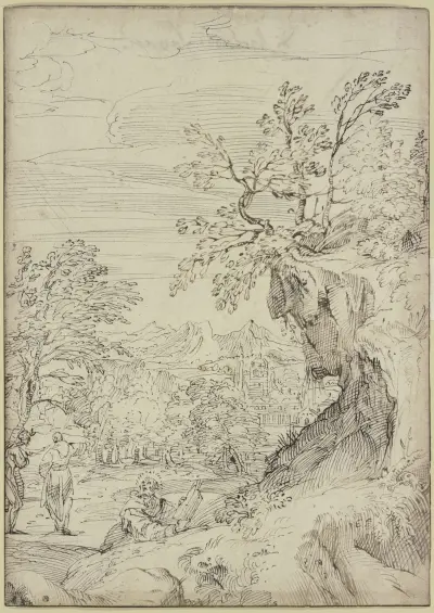 Landschaft mit einem Heiligen und zwei weiteren Figuren av Agostino Carracci