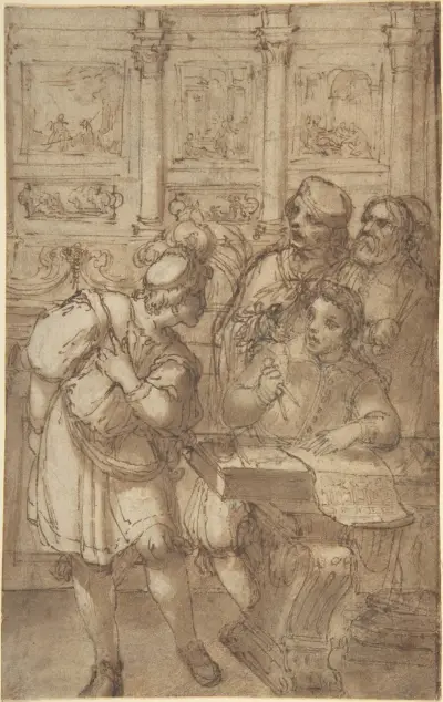 Architect in His Study Holding a Compass and Conversing with Three Men av Agostino Tassi