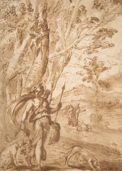 The Goddess Diana with Her Hounds Standing in a Landscape av Agostino Tassi