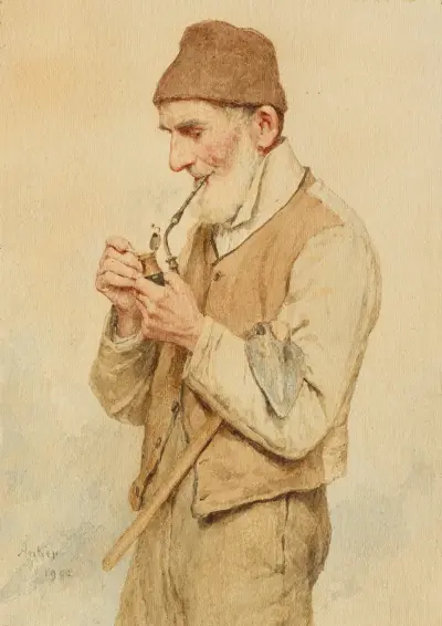 Bauer eine Pfeife anzündend av Albert Anker